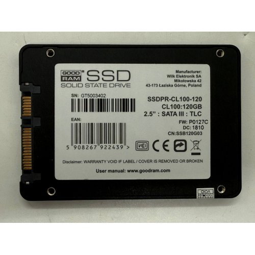 Ssd-диск GoodRAM CL100 TLC 120GB 2.5'' (SSDPR-CL100-120) (Відновлено продавцем, 768154) купити з перевіркою сумісності: огляд, характеристики, ціна у Києві, Львові, Вінниці, Хмельницькому, Івано-Франківську, Україні | інтернет-магазин TELEMART.UA фото