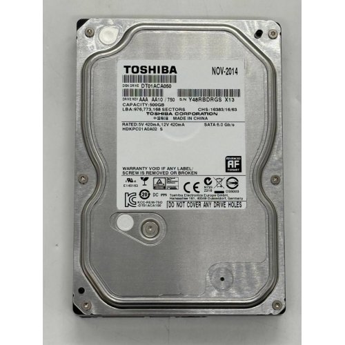 Жорсткий диск Toshiba 500GB 32MB 7200RPM 3.5" (DT01ACA050) (Відновлено продавцем, 768183) купити з перевіркою сумісності: огляд, характеристики, ціна у Києві, Львові, Вінниці, Хмельницькому, Івано-Франківську, Україні | інтернет-магазин TELEMART.UA фото