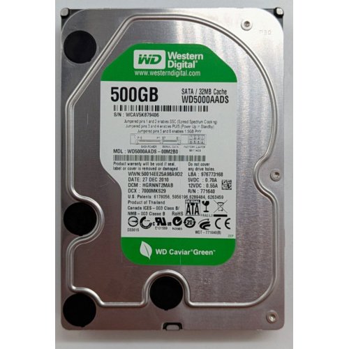 Купить Жесткий диск Western Digital Caviar Green 500GB 32MB 5400RPM 3.5" (WD5000AADS) (Восстановлено продавцом, 771192) с проверкой совместимости: обзор, характеристики, цена в Киеве, Днепре, Одессе, Харькове, Украине | интернет-магазин TELEMART.UA фото