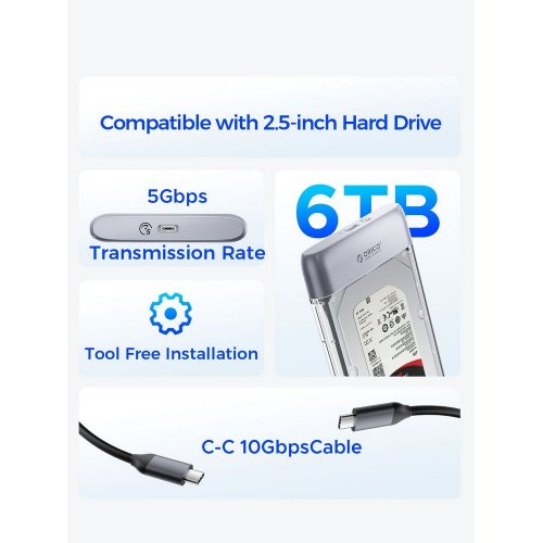 Купити Зовнішня кишеня ORICO TX25C3 2.5" HDD Enclosure USB Type-C (ORICO-TX25C3-GY-BP) Grey - ціна в Києві, Львові, Вінниці, Хмельницькому, Франківську, Україні | інтернет-магазин TELEMART.UA фото