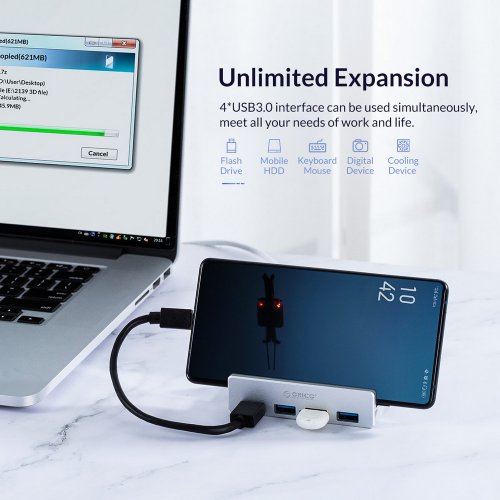 Купити USB-хаб ORICO MH4PU-P USB 4 in 1 (ORICO-MH4PU-P-SV-BP) Silver - ціна в Києві, Львові, Вінниці, Хмельницькому, Франківську, Україні | інтернет-магазин TELEMART.UA фото