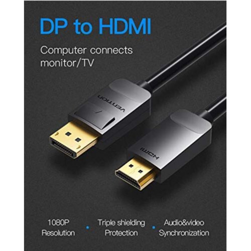 Купити Кабель Vention DisplayPort to HDMI 2m (HADBH) Black - ціна в Києві, Львові, Вінниці, Хмельницькому, Франківську, Україні | інтернет-магазин TELEMART.UA фото