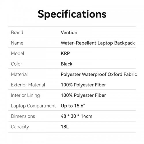 Купити Рюкзак Vention 15.6" Water-Repellent Laptop Backpack (KRPB0) Black - ціна в Києві, Львові, Вінниці, Хмельницькому, Франківську, Україні | інтернет-магазин TELEMART.UA фото