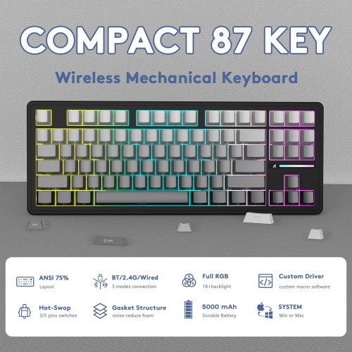 Купити Клавіатура Attack Shark M87 Pro V2 RGB Linear White Jade Switch Wireless (AS-6972792470467-MN) Gradient Black - ціна в Києві, Львові, Вінниці, Хмельницькому, Франківську, Україні | інтернет-магазин TELEMART.UA фото