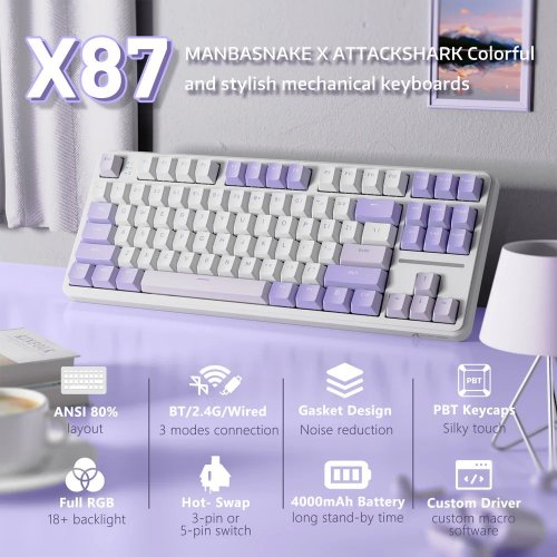 Купити Клавіатура Attack Shark X87 RGB Linear Strawberry Switch Wireless (AS-6972792470429-TW) Twilight Purple - ціна в Києві, Львові, Вінниці, Хмельницькому, Франківську, Україні | інтернет-магазин TELEMART.UA фото
