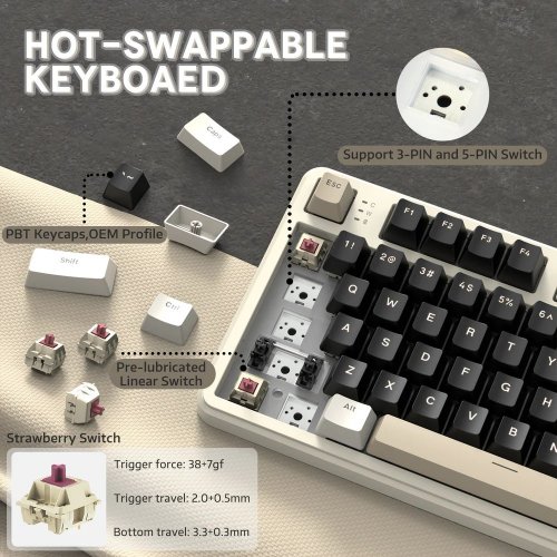 Купити Клавіатура Attack Shark X87 RGB Linear Strawberry Switch Wireless (AS-6972792470429-CW) Cheese White - ціна в Києві, Львові, Вінниці, Хмельницькому, Франківську, Україні | інтернет-магазин TELEMART.UA фото