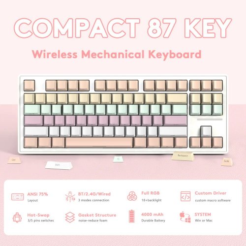 Купити Клавіатура Attack Shark M87 RGB Linear White Switch Wireless (AS-6972792470139-PG) Pink Gradien - ціна в Києві, Львові, Вінниці, Хмельницькому, Франківську, Україні | інтернет-магазин TELEMART.UA фото