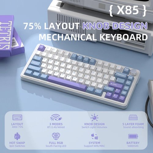Купити Клавіатура Attack Shark X85 RGB Linear White Jade Switch Wireless (AS-6972792470320-WP-UA) White/Purple - ціна в Києві, Львові, Вінниці, Хмельницькому, Франківську, Україні | інтернет-магазин TELEMART.UA фото