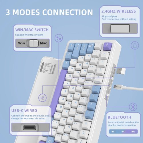 Купити Клавіатура Attack Shark X85 RGB Linear White Jade Switch Wireless (AS-6972792470320-WP-UA) White/Purple - ціна в Києві, Львові, Вінниці, Хмельницькому, Франківську, Україні | інтернет-магазин TELEMART.UA фото