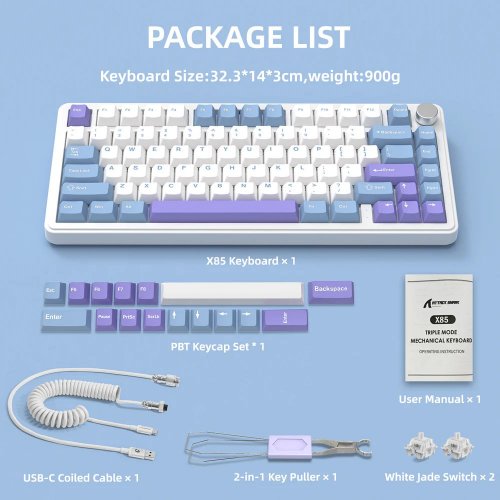 Купити Клавіатура Attack Shark X85 RGB Linear White Jade Switch Wireless (AS-6972792470320-WP-UA) White/Purple - ціна в Києві, Львові, Вінниці, Хмельницькому, Франківську, Україні | інтернет-магазин TELEMART.UA фото