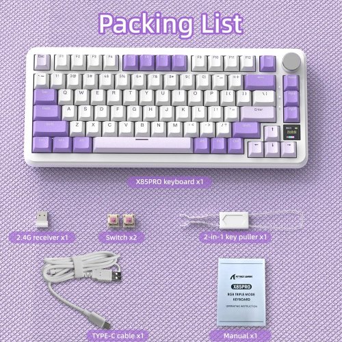 Купити Клавіатура Attack Shark X85 Pro RGB Linear Blueberry Switch Wireless (AS-6972792470368-L-UA) Lavender - ціна в Києві, Львові, Вінниці, Хмельницькому, Франківську, Україні | інтернет-магазин TELEMART.UA фото