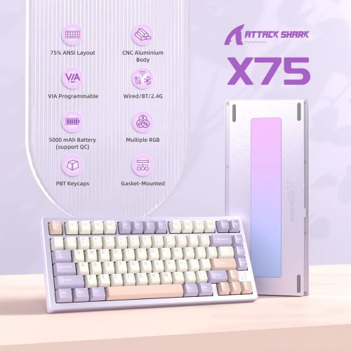 Купити Клавіатура Attack Shark X75 RGB Kailh MX Switch Wireless (AS-6972792470382-TP-UA) Twilight Purple - ціна в Києві, Львові, Вінниці, Хмельницькому, Франківську, Україні | інтернет-магазин TELEMART.UA фото
