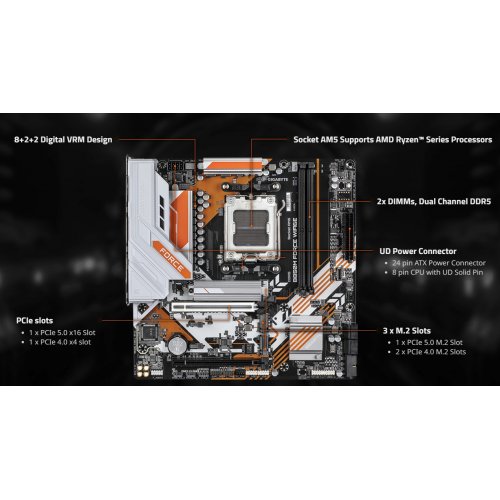 Купить Материнская плата Gigabyte B850M FORCE WIFI6E (sAM5, AMD B850) с проверкой совместимости: обзор, характеристики, цена в Киеве, Днепре, Одессе, Харькове, Украине | интернет-магазин TELEMART.UA фото