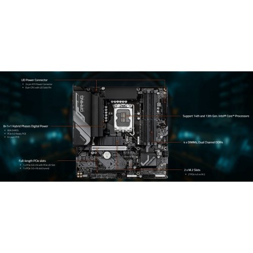 Купить Материнская плата Gigabyte B760M GAMING X WIFI6E DDR4 GEN5 (s1700, Intel B760) с проверкой совместимости: обзор, характеристики, цена в Киеве, Днепре, Одессе, Харькове, Украине | интернет-магазин TELEMART.UA фото