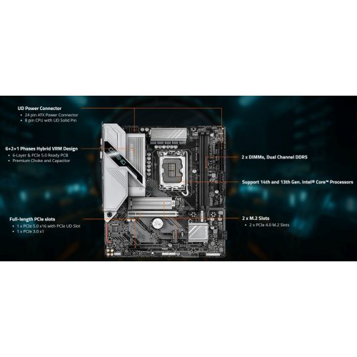 Купить Материнская плата Gigabyte B760M GAMING WIFI6 PLUS GEN5 (s1700, Intel B760) с проверкой совместимости: обзор, характеристики, цена в Киеве, Днепре, Одессе, Харькове, Украине | интернет-магазин TELEMART.UA фото