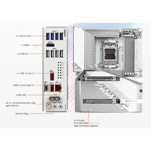 Материнська плата Gigabyte B850 AORUS STEALTH ICE (sAM5, AMD B850) купити з перевіркою сумісності: огляд, характеристики, ціна у Києві, Львові, Вінниці, Хмельницькому, Івано-Франківську, Україні | інтернет-магазин TELEMART.UA фото
