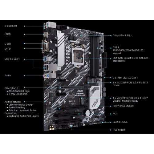 Купить Материнская плата Asus PRIME B460-PLUS (s1200, Intel B460) Factory Recertified с проверкой совместимости: обзор, характеристики, цена в Киеве, Днепре, Одессе, Харькове, Украине | интернет-магазин TELEMART.UA фото