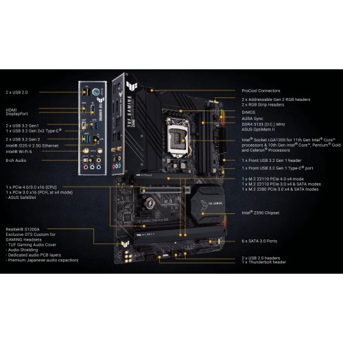 Купить Материнская плата Asus TUF GAMING Z590-PLUS WIFI (s1200, Intel Z590) Factory Recertified с проверкой совместимости: обзор, характеристики, цена в Киеве, Днепре, Одессе, Харькове, Украине | интернет-магазин TELEMART.UA фото