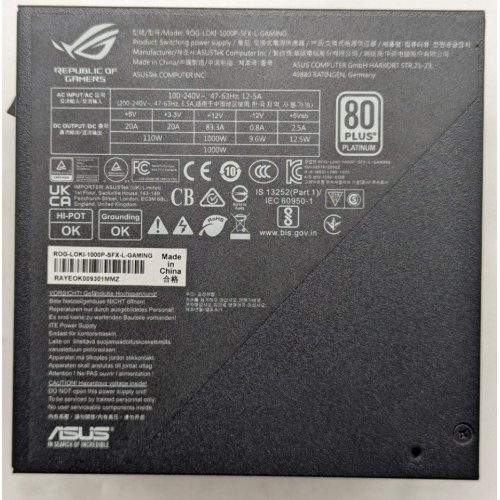 Блок живлення Asus ROG Loki SFX-L 1000W Platinum (90YE00N1-B0NA00) (Відновлено продавцем, 778218) купити з перевіркою сумісності: огляд, характеристики, ціна у Києві, Львові, Вінниці, Хмельницькому, Івано-Франківську, Україні | інтернет-магазин TELEMART.UA фото