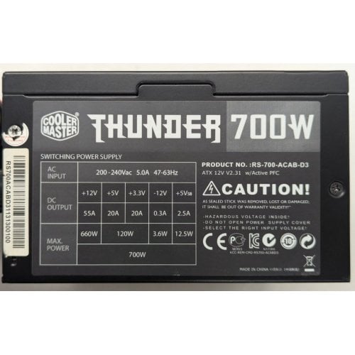 Блок живлення Cooler Master Thunder 700W (RS-700-ACAB-D3) (Відновлено продавцем, 778460) купити з перевіркою сумісності: огляд, характеристики, ціна у Києві, Львові, Вінниці, Хмельницькому, Івано-Франківську, Україні | інтернет-магазин TELEMART.UA фото