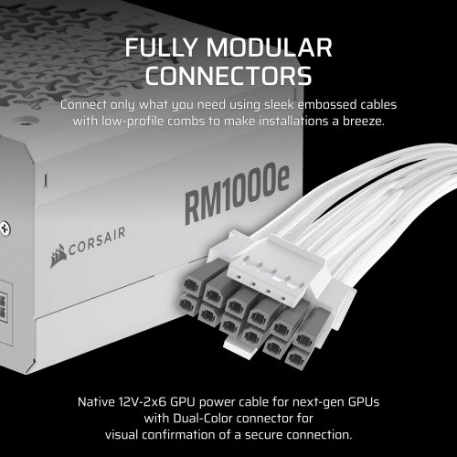 Блок живлення Corsair RM1000e PCIE5 1000W (CP-9020294-EU) White купити з перевіркою сумісності: огляд, характеристики, ціна у Києві, Львові, Вінниці, Хмельницькому, Івано-Франківську, Україні | інтернет-магазин TELEMART.UA фото