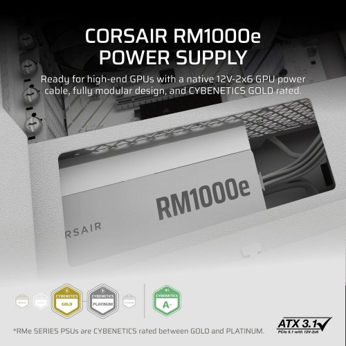 Блок живлення Corsair RM1000e PCIE5 1000W (CP-9020294-EU) White купити з перевіркою сумісності: огляд, характеристики, ціна у Києві, Львові, Вінниці, Хмельницькому, Івано-Франківську, Україні | інтернет-магазин TELEMART.UA фото