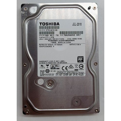 Жорсткий диск Toshiba 1TB 32MB 7200RPM 3.5" (DT01ACA100) (Відновлено продавцем, 780120) купити з перевіркою сумісності: огляд, характеристики, ціна у Києві, Львові, Вінниці, Хмельницькому, Івано-Франківську, Україні | інтернет-магазин TELEMART.UA фото