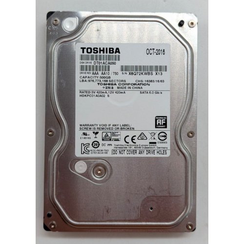 Жорсткий диск Toshiba 500GB 32MB 7200RPM 3.5" (DT01ACA050) (Відновлено продавцем, 780127) купити з перевіркою сумісності: огляд, характеристики, ціна у Києві, Львові, Вінниці, Хмельницькому, Івано-Франківську, Україні | інтернет-магазин TELEMART.UA фото