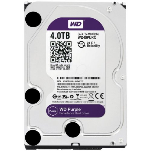 Купить Жесткий диск Western Digital Purple 4TB 64MB 3.5" (WD40PURX) (Восстановлено продавцом, 780129) с проверкой совместимости: обзор, характеристики, цена в Киеве, Днепре, Одессе, Харькове, Украине | интернет-магазин TELEMART.UA фото