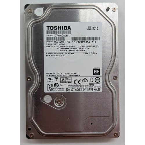 Жорсткий диск Toshiba 500GB 32MB 7200RPM 3.5" (DT01ACA050) (Відновлено продавцем, 780131) купити з перевіркою сумісності: огляд, характеристики, ціна у Києві, Львові, Вінниці, Хмельницькому, Івано-Франківську, Україні | інтернет-магазин TELEMART.UA фото