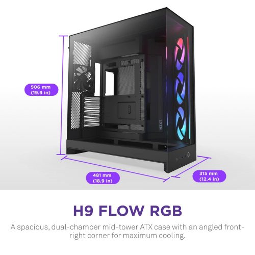 Корпус NZXT H9 Flow RGB Tempered Glass без БЖ (CM-H92FB-R1) Black купити з перевіркою сумісності: огляд, характеристики, ціна у Києві, Львові, Вінниці, Хмельницькому, Івано-Франківську, Україні | інтернет-магазин TELEMART.UA фото