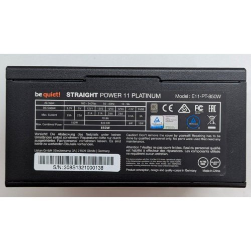 Блок живлення Be Quiet! Straight Power 11 Platinum 850W (BN308) (Відновлено продавцем, 780758) купити з перевіркою сумісності: огляд, характеристики, ціна у Києві, Львові, Вінниці, Хмельницькому, Івано-Франківську, Україні | інтернет-магазин TELEMART.UA фото