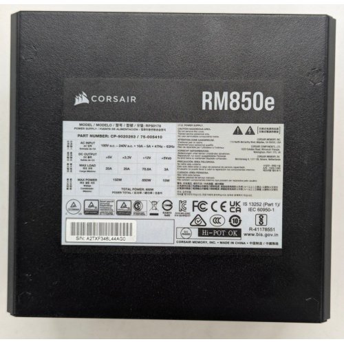 Блок живлення Corsair RM850e 850W (CP-9020296-EU) (Відновлено продавцем, 781276) купити з перевіркою сумісності: огляд, характеристики, ціна у Києві, Львові, Вінниці, Хмельницькому, Івано-Франківську, Україні | інтернет-магазин TELEMART.UA фото