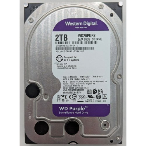 Жорсткий диск Western Digital Purple 2TB 64MB 5400RPM 3.5'' (WD20PURZ) (Відновлено продавцем, 782597) купити з перевіркою сумісності: огляд, характеристики, ціна у Києві, Львові, Вінниці, Хмельницькому, Івано-Франківську, Україні | інтернет-магазин TELEMART.UA фото