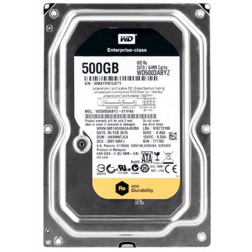 Жорсткий диск Western Digital RE 500GB 64MB 3.5" (WD5003ABYZ-011FA0) (Відновлено продавцем, 784987) купити з перевіркою сумісності: огляд, характеристики, ціна у Києві, Львові, Вінниці, Хмельницькому, Івано-Франківську, Україні | інтернет-магазин TELEMART.UA фото