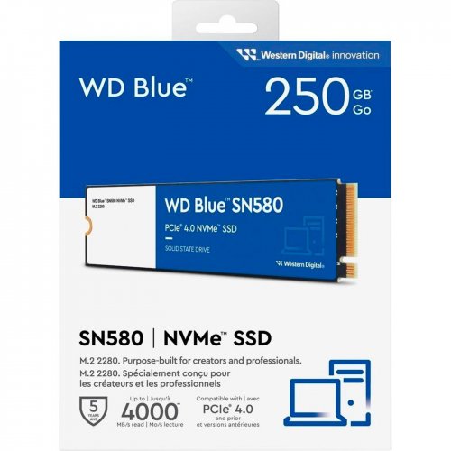 Ssd-диск Western Digital Blue SN580 WDC TLC 250GB M.2 (2280 PCI-E) NVMe x4 (WDS250G3B0E) (Стан нового, 785038) купити з перевіркою сумісності: огляд, характеристики, ціна у Києві, Львові, Вінниці, Хмельницькому, Івано-Франківську, Україні | інтернет-магазин TELEMART.UA фото