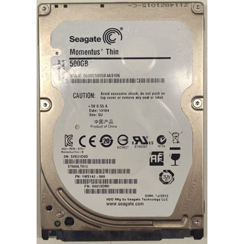 Купить Жесткий диск Seagate Momentus Thin 500GB 16MB 5400RPM 2.5" (ST500LT012) (Восстановлено продавцом, 786902) с проверкой совместимости: обзор, характеристики, цена в Киеве, Днепре, Одессе, Харькове, Украине | интернет-магазин TELEMART.UA фото