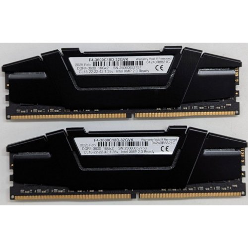 Озп G.Skill DDR4 32GB (2x16GB) 3600Mhz Ripjaws V Black (F4-3600C18D-32GVK) (Відновлено продавцем, 787188) купити з перевіркою сумісності: огляд, характеристики, ціна у Києві, Львові, Вінниці, Хмельницькому, Івано-Франківську, Україні | інтернет-магазин TELEMART.UA фото