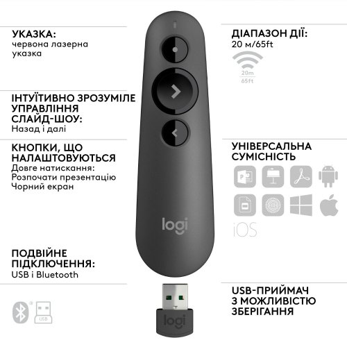 Купити Презентер Logitech R500s Laser Presentation Remote (910-005843) Graphite - ціна в Києві, Львові, Вінниці, Хмельницькому, Франківську, Україні | інтернет-магазин TELEMART.UA фото