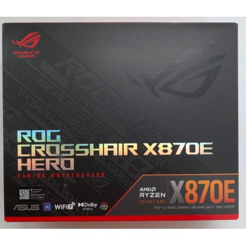 Материнська плата Asus ROG CROSSHAIR X870E HERO (sAM5, AMD X870E) (Відновлено продавцем, 788248) купити з перевіркою сумісності: огляд, характеристики, ціна у Києві, Львові, Вінниці, Хмельницькому, Івано-Франківську, Україні | інтернет-магазин TELEMART.UA фото