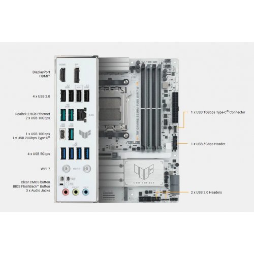 Материнська плата Asus TUF GAMING B850M-PLUS WIFI7 W (sAM5, AMD B850) купити з перевіркою сумісності: огляд, характеристики, ціна у Києві, Львові, Вінниці, Хмельницькому, Івано-Франківську, Україні | інтернет-магазин TELEMART.UA фото