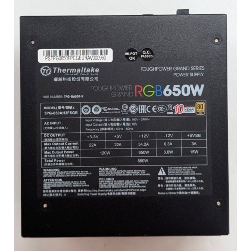Купить Блок питания Thermaltake Toughpower Grand RGB 650W (PS-TPG-0650FPCGEU-R) (Восстановлено продавцом, 789621) с проверкой совместимости: обзор, характеристики, цена в Киеве, Днепре, Одессе, Харькове, Украине | интернет-магазин TELEMART.UA фото