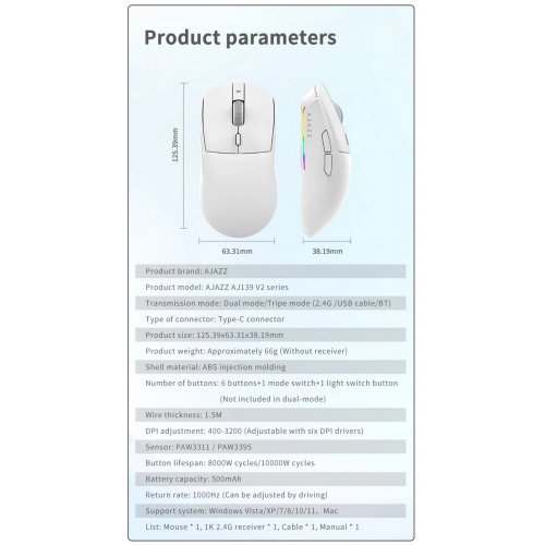 Купить Мышка Ajazz AJ139 V2 MC Wireless (AJ139-V2-MC-W) White - цена в Харькове, Киеве, Днепре, Одессе
в интернет-магазине Telemart фото