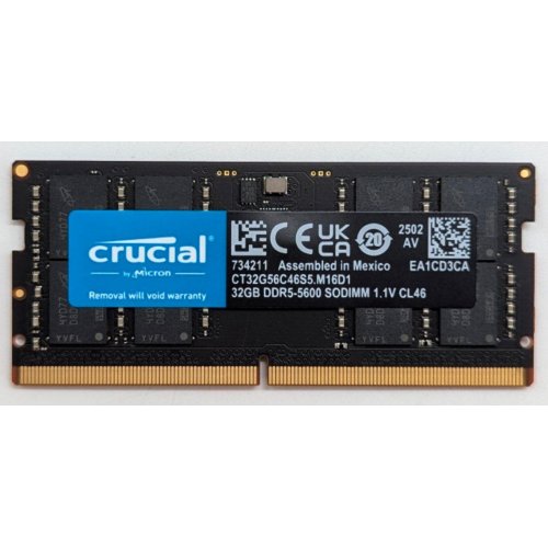 Озп Crucial SODIMM DDR5 32GB 5600Mhz (CT32G56C46S5) (Відновлено продавцем, 790525) купити з перевіркою сумісності: огляд, характеристики, ціна у Києві, Львові, Вінниці, Хмельницькому, Івано-Франківську, Україні | інтернет-магазин TELEMART.UA фото
