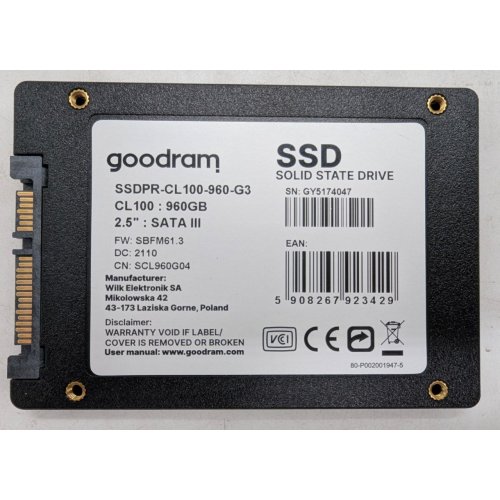 Ssd-диск GoodRAM CL100 Gen.3 3D NAND TLC 960GB 2.5" (SSDPR-CL100-960-G3) (Відновлено продавцем, 791240) купити з перевіркою сумісності: огляд, характеристики, ціна у Києві, Львові, Вінниці, Хмельницькому, Івано-Франківську, Україні | інтернет-магазин TELEMART.UA фото