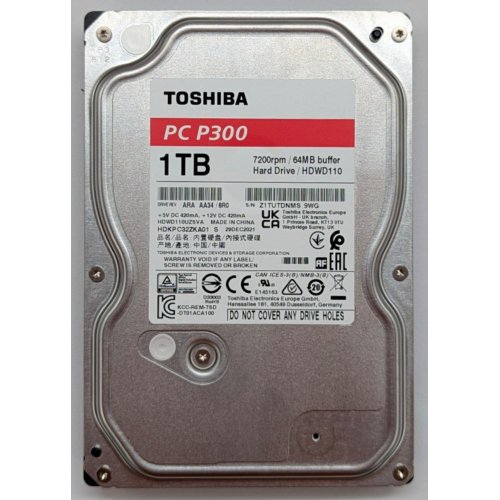 Купить Жесткий диск Toshiba P300 1TB 64MB 7200RPM 3.5" (HDWD110UZSVA) (Восстановлено продавцом, 792842) с проверкой совместимости: обзор, характеристики, цена в Киеве, Днепре, Одессе, Харькове, Украине | интернет-магазин TELEMART.UA фото