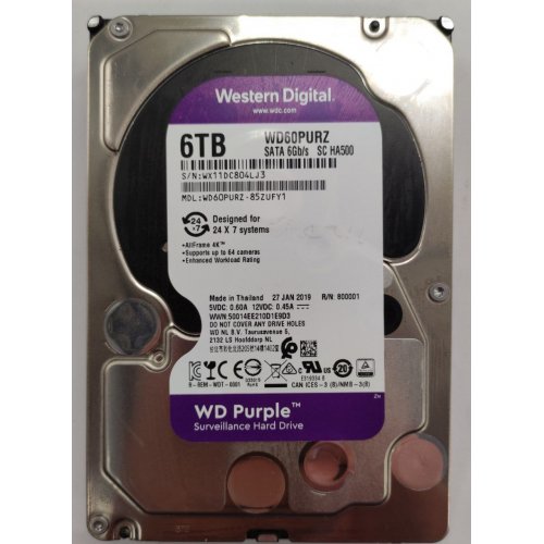 Купить Жесткий диск Western Digital Purple 6TB 64MB 5400RPM 3.5'' (WD60PURZ) (Восстановлено продавцом, 794696) с проверкой совместимости: обзор, характеристики, цена в Киеве, Днепре, Одессе, Харькове, Украине | интернет-магазин TELEMART.UA фото