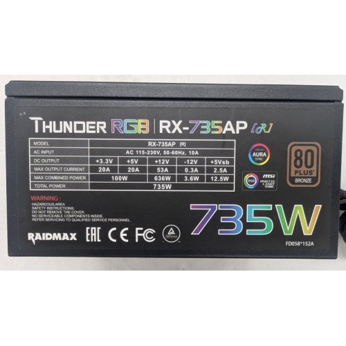Блок живлення RAIDMAX Thunder RGB 735W (RX-735AP-R) (Відновлено продавцем, 794793) купити з перевіркою сумісності: огляд, характеристики, ціна у Києві, Львові, Вінниці, Хмельницькому, Івано-Франківську, Україні | інтернет-магазин TELEMART.UA фото