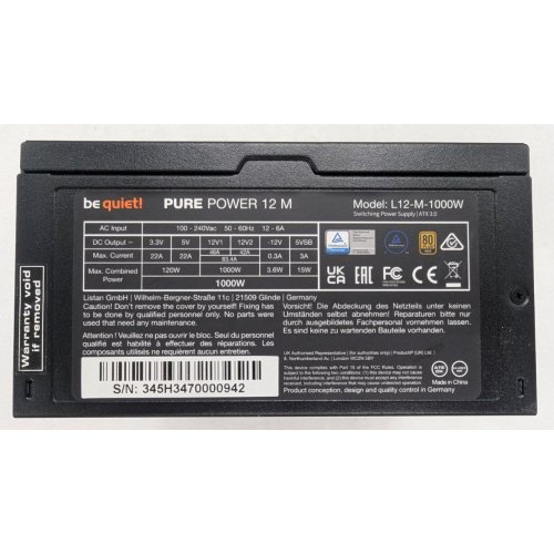 Купить Блок питания Be Quiet! Pure Power 12 M 1000W (BN345) (Восстановлено продавцом, 797060) с проверкой совместимости: обзор, характеристики, цена в Киеве, Днепре, Одессе, Харькове, Украине | интернет-магазин TELEMART.UA фото