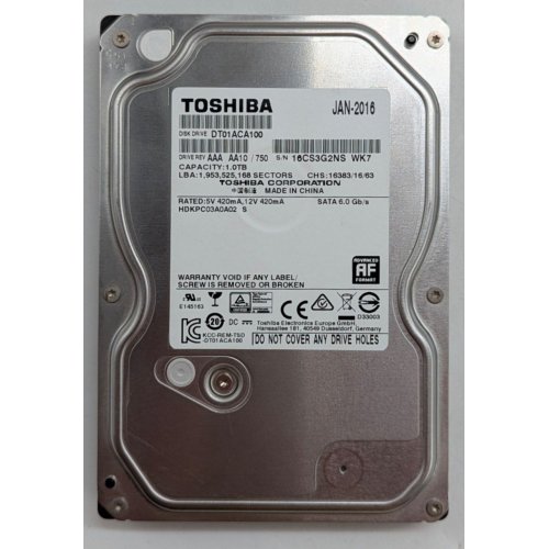 Купить Жесткий диск Toshiba 1TB 32MB 7200RPM 3.5" (DT01ACA100) (Восстановлено продавцом, 797174) с проверкой совместимости: обзор, характеристики, цена в Киеве, Днепре, Одессе, Харькове, Украине | интернет-магазин TELEMART.UA фото